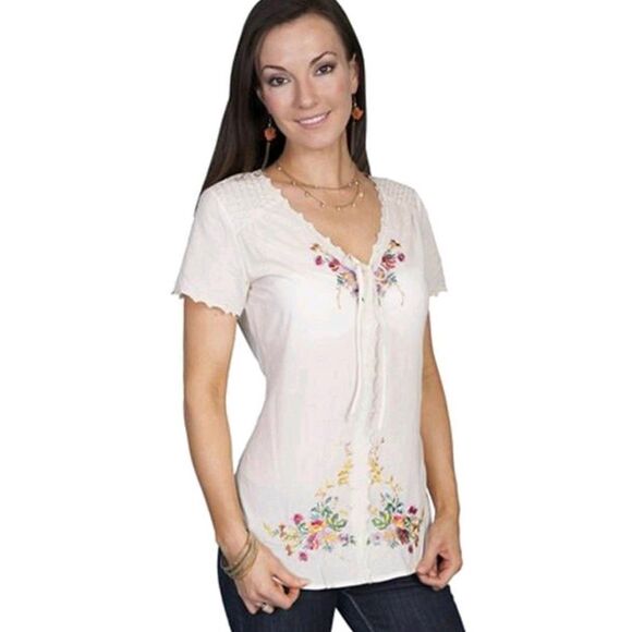 Scully Tops - Scully Honey Creek Cream Floral Embroidered Blouse Large Boho Colorful Trendy